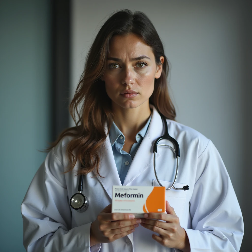 hyperrealistic 4K vertical 9:16 image of a woman with PCOS looking at a box of Metformin with a doubtful or discouraged expression, clinical environment or white background emoji