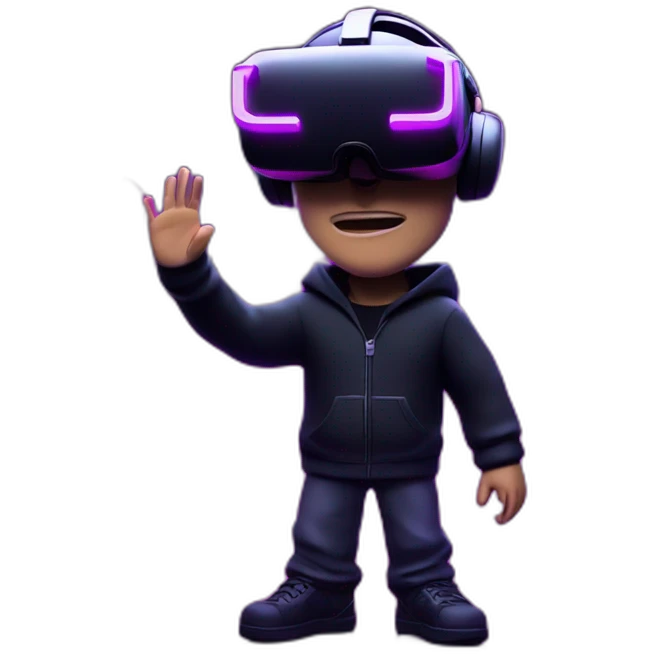 Steve Jobs wearing a black hoodie with "OMG" letters on it and VR headset in a cyberpunk VR environment with violet neon lighting. emoji