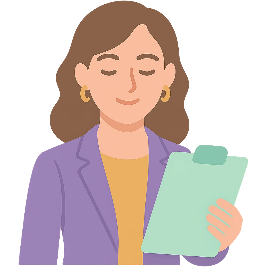 a stylish and elegant woman project manager with a relaxed demeanor, holding a clipboard emoji
