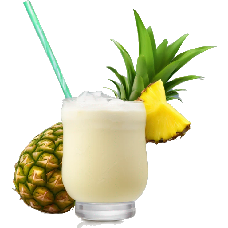 pina colada in a poco grange glass, with ice cubes. on the corner of the glass a pineapple, a leaf and a straw in brown emoji