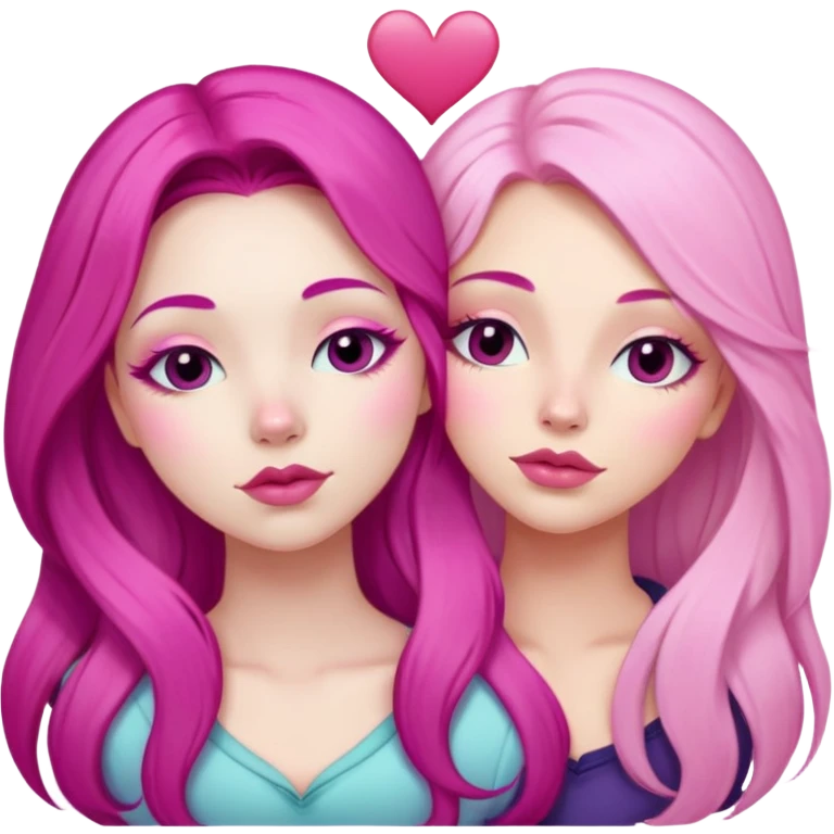 gorgeous pale girl with long magenta pink hair latina makeup next to a gorgeous blonde girl with a light pink heart above them in between eyes closed making duck lips faces emoji