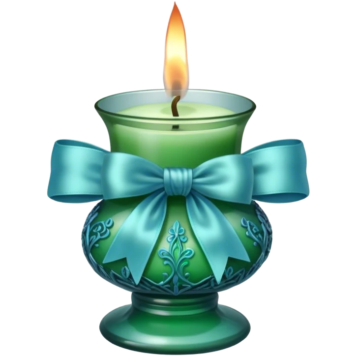 A soft blue candle in an ornate green glass holder, tied with a delicate satin blue bow. emoji