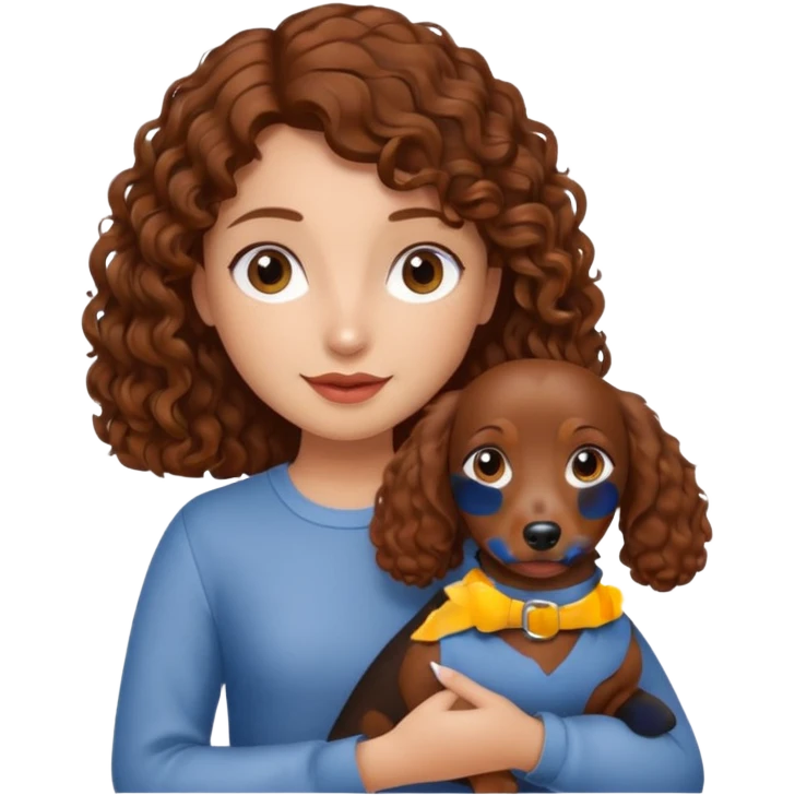 Girl with brown curly hair holding dachshund  emoji
