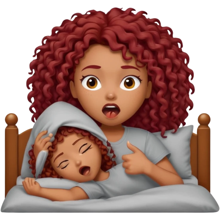 generate a pretty bratz brown skinned girl curly dark red hair, yawning in bed in a grey tshirt bored. emoji
