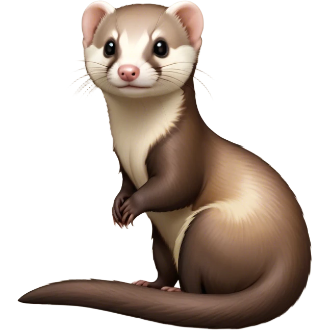 Cinematic Noble sable ferret Portrait Emoji, Poised and dignified, with a sleek, elongated body and a distinct sable ferret head featuring a pointed snout, small, rounded ears, and intelligent, beady eyes, covered in soft, sleek fur with natural brown and cream hues, Simplified yet sharp and sophisticated features, highly detailed, glowing with a warm, natural glow, high shine, exuding an air of quiet confidence, focused and watchful, soft glowing outline, capturing the essence of a clever and majestic sable ferret that feels as though it could leap from the screen with effortless grace! emoji