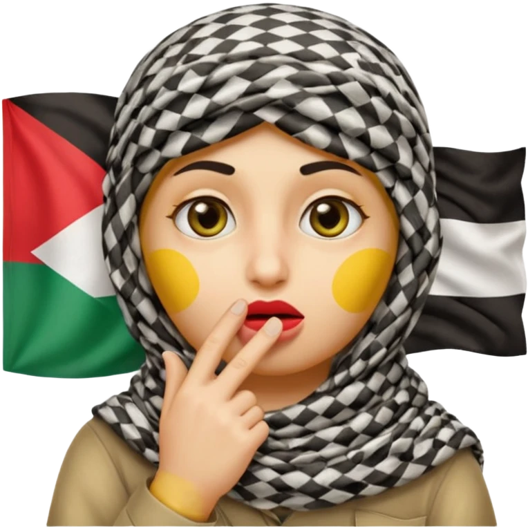 yellow-faced emoji with large eyes making a shushing gesture finger on lips wearing traditional Palestinian keffiyeh wrapped around head with Palestinian flag subtly incorporated into design emoji