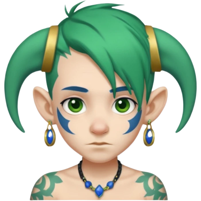 green haired heavy blue tattooed big head accessory big nose mid size ear young emoji