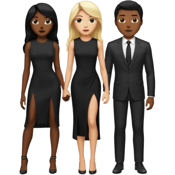 Blonde woman, black, Long, tight, sleveless Dress, Slot left Leg,man in suit emoji