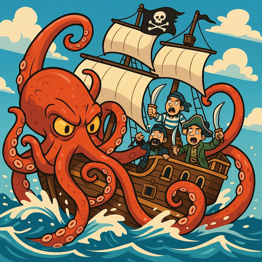A kraken wrapping its tentacles around a pirate ship, waves crashing, dynamic action, cartoon style emoji
