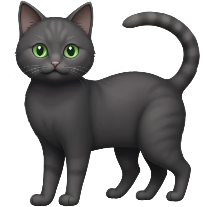 full body gorgeous solid dark grey cat with green eyes, white paws and white whiskers stretching like a cat emoji