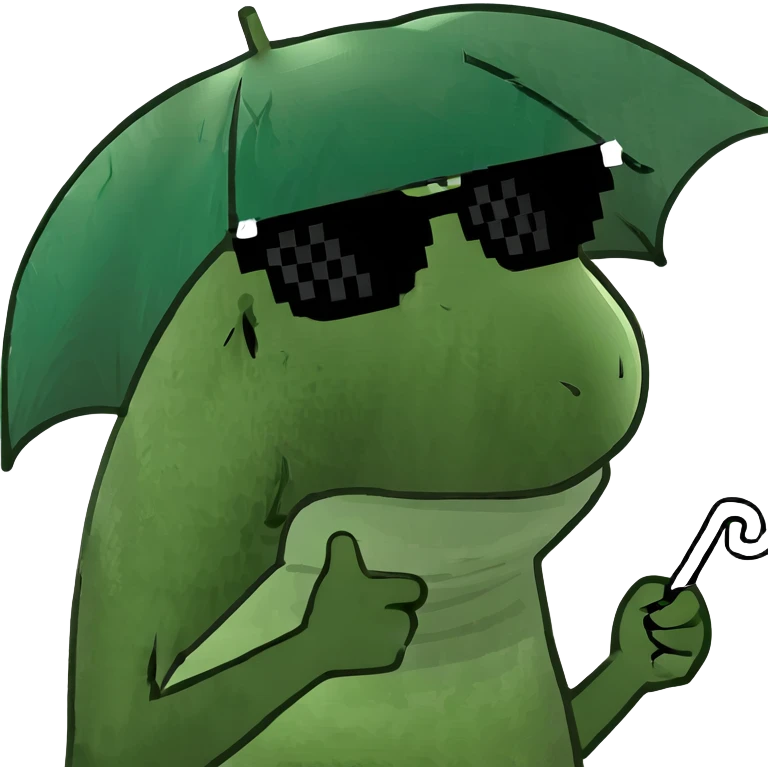 Funny green frog wearing sunglasses and holding a tiny umbrella emoji