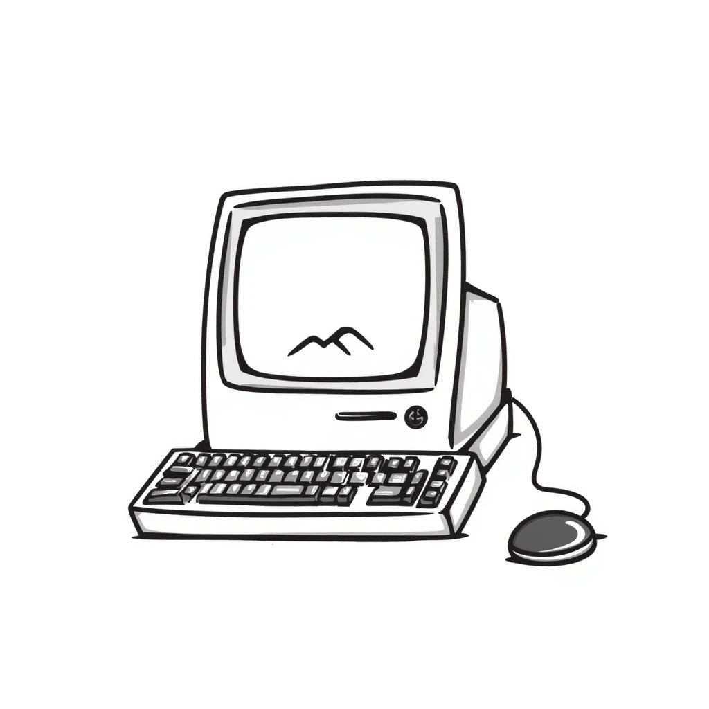 Pixel art style old Macintosh computer, simple monochrome linework emoji