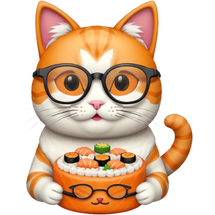 cat with cool square shaped glasses eating a birthday cake made out of sushi emoji