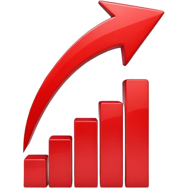 iOS-style 3D emoji: rising red chart with an upward-pointing arrow emoji
