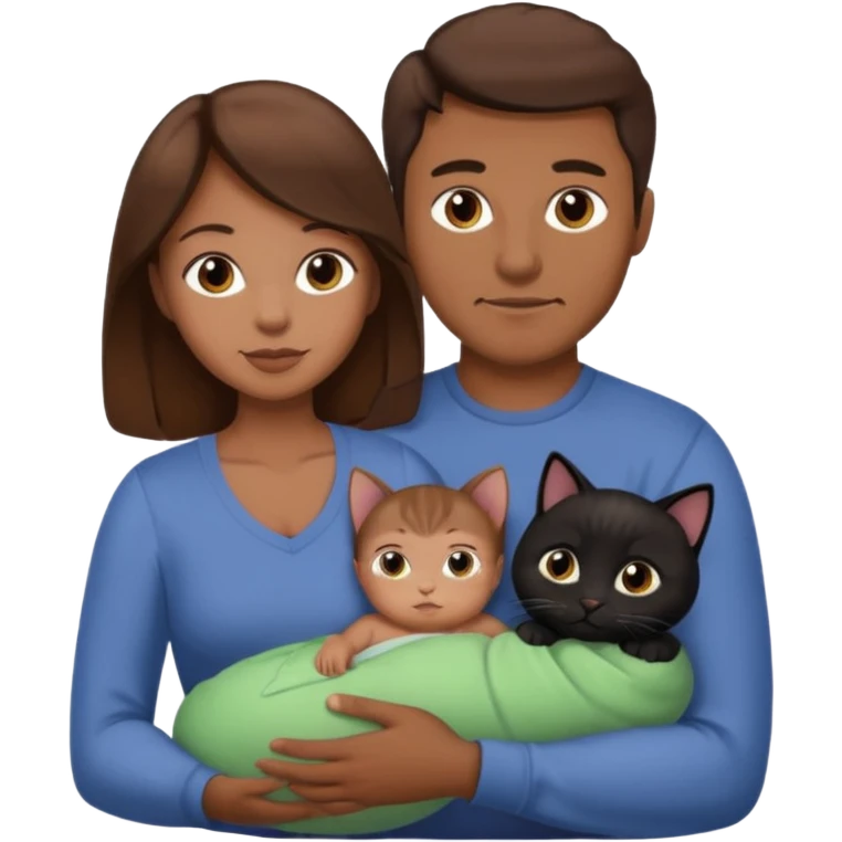 1 mom brown hair, 1 dad no beard, 1 baby and 1 black cat emoji