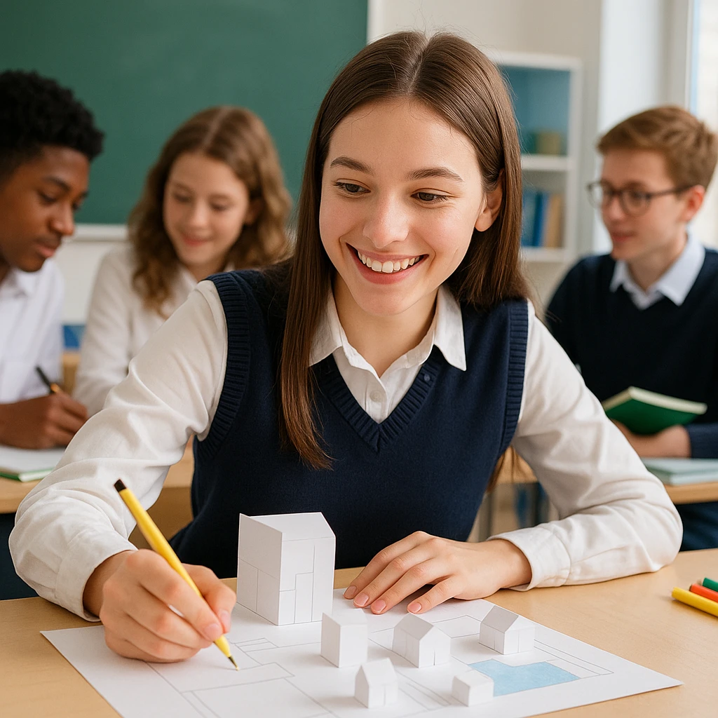 female student wearing white long sleeves and a navy blue vest, smiling and working on a school project, collaborative atmosphere emoji