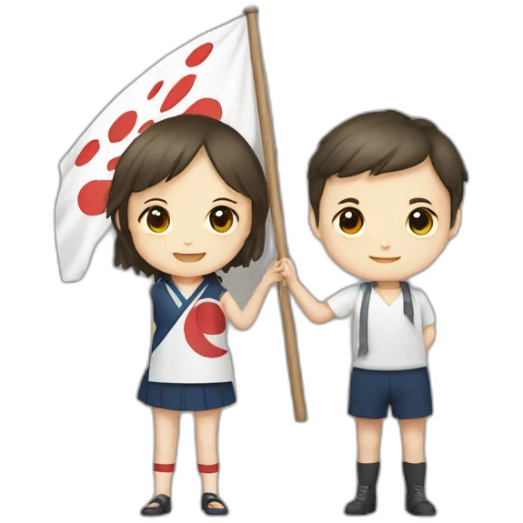 boy and girl holding Japanese flag emoji