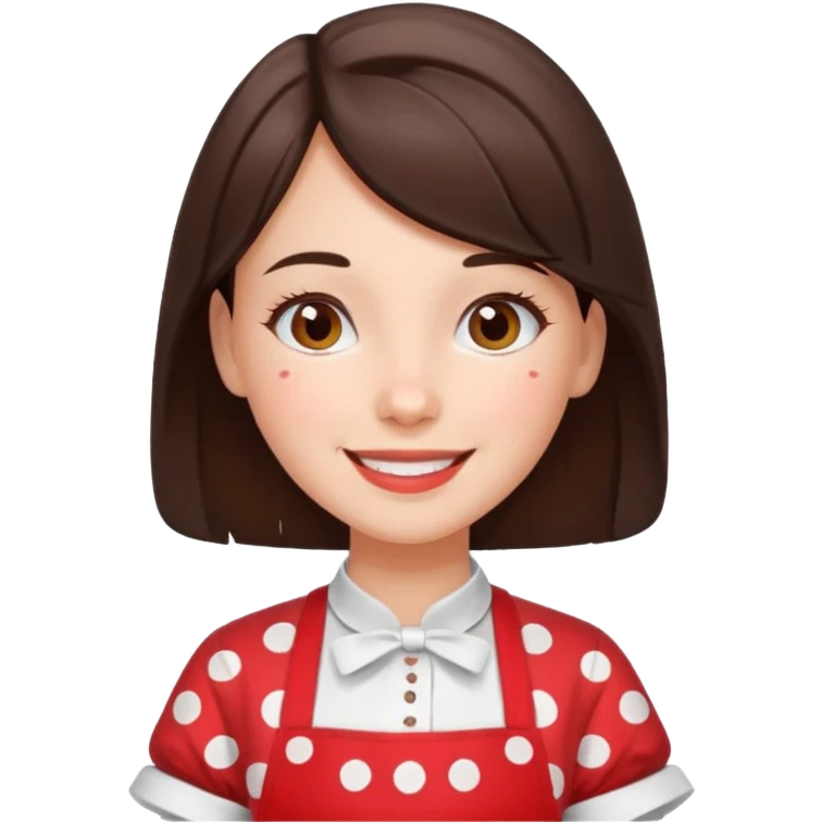 A brunette housewife girl in a red apron with white polka dots. Smiling  emoji