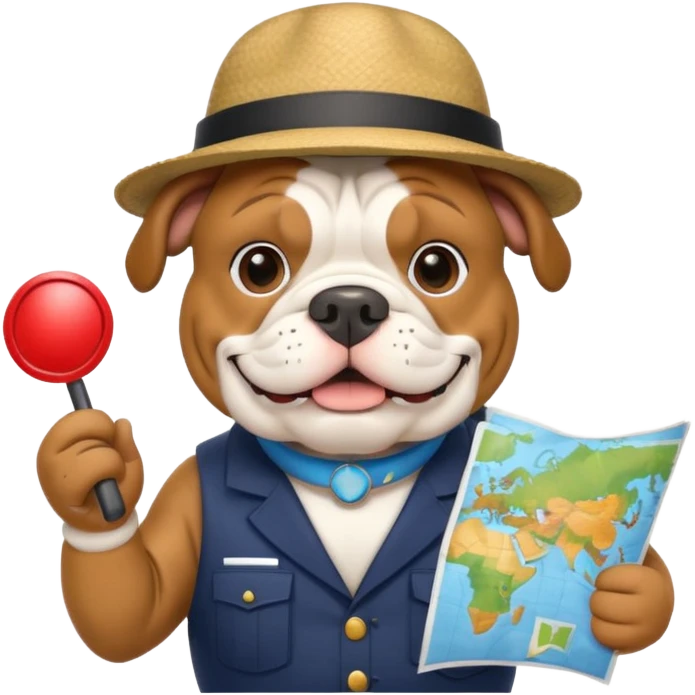 english bulldog as a cheerful tour guide, wearing a hat and holding a map emoji