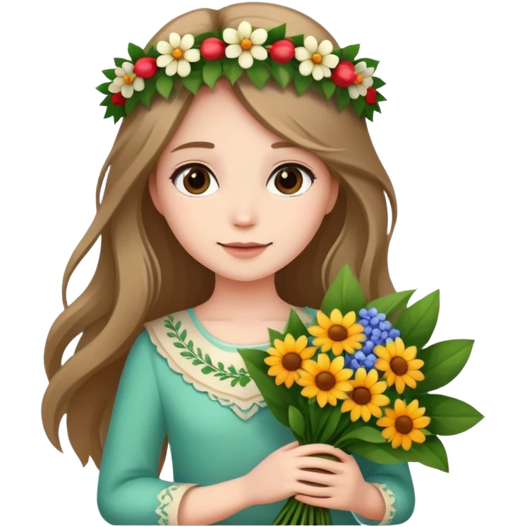 Beautiful girl with long hair and a wreath holding a bouquet of flowers emoji
