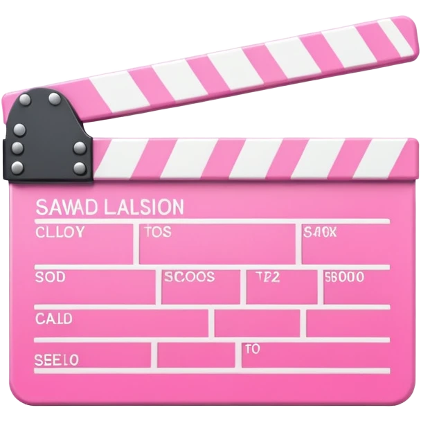  pink  pink clapperboard used in filmmaking, cute and stylish design with white details, open position, soft reflections, realistic or kawaii style, isolated on transparent background emoji