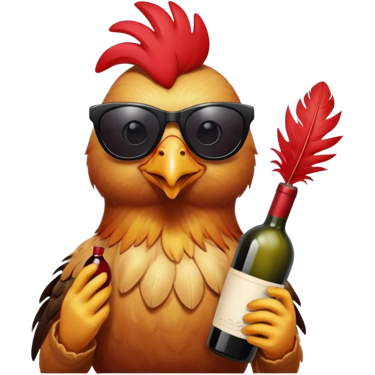 A chicken holding a wine bottle with black sunglasses emoji
