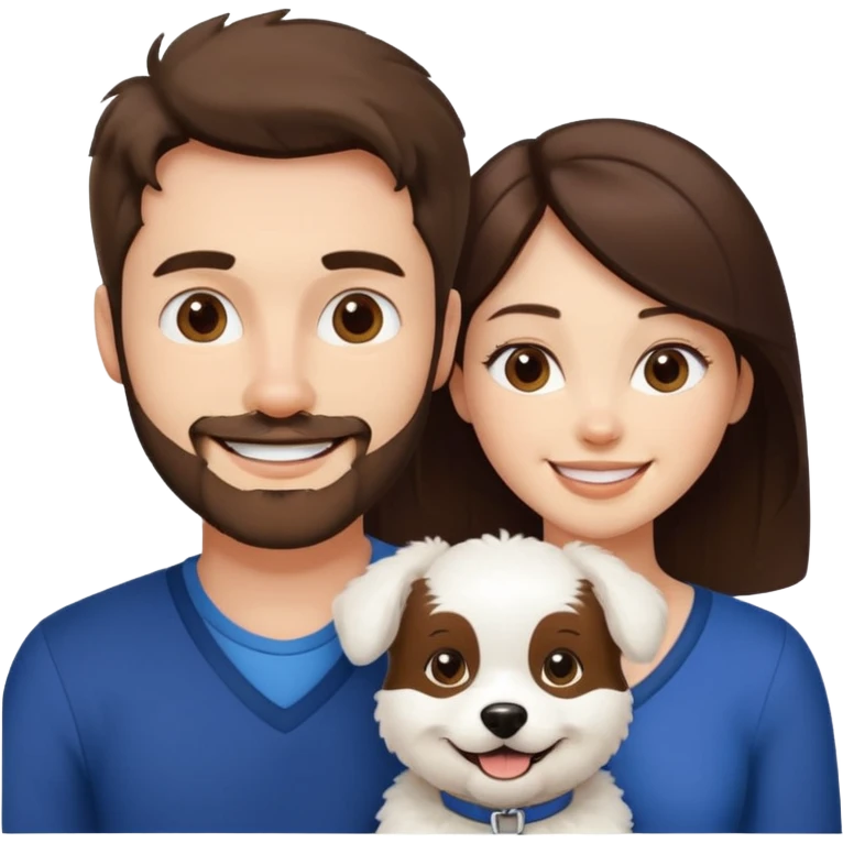 scottish man with stubble, brunette woman and one fully pure white fluffy dog emoji