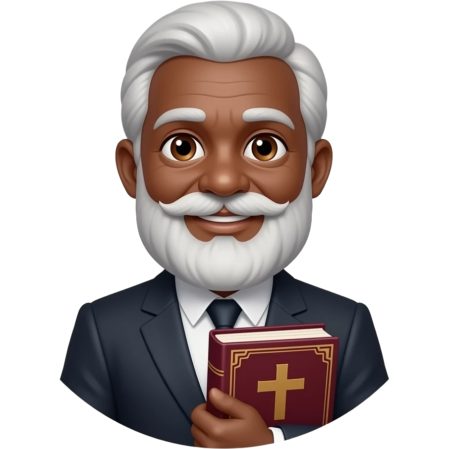wise old man with grey hair no suit slight smile brown eyes white beard black skin with burgundy book that has a cross on it no circle emoji