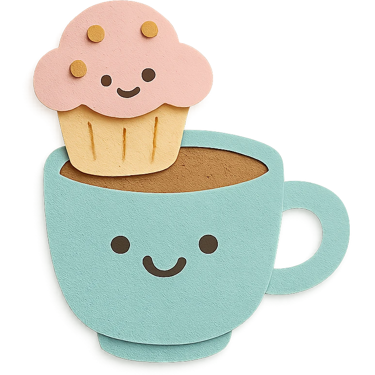 coffee cup with muffin character, soft pastel colors, transparent background emoji