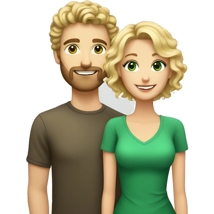 Smiling couple blonde woman with curly hair and green eyes and handsome man with short dark hair and short mustache and beard  emoji