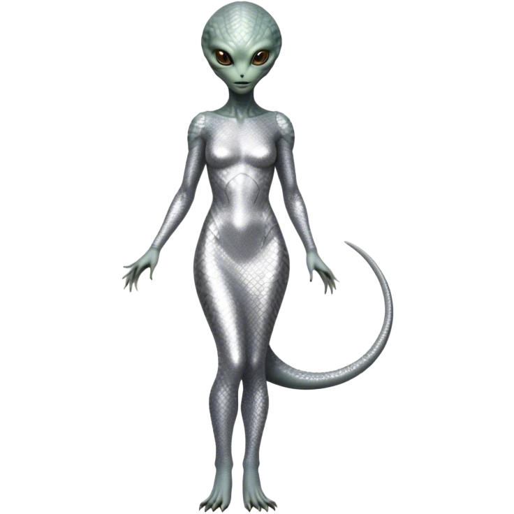 alien reptilian woman in silver dress, full body brown eyes emoji