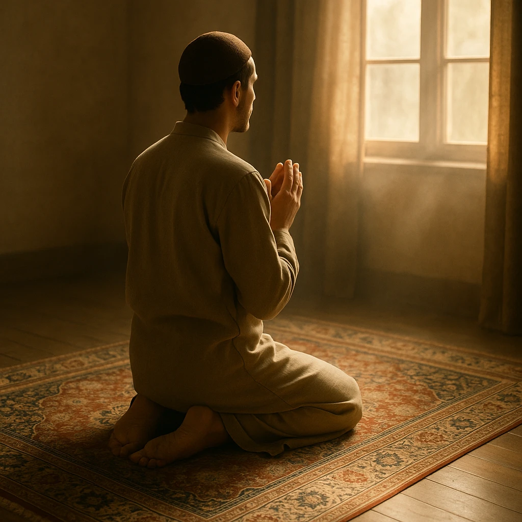 a serene scene of a person kneeling on a beautifully woven prayer carpet, hands clasped in prayer, with soft light filtering through a nearby window, casting a peaceful glow around them emoji
