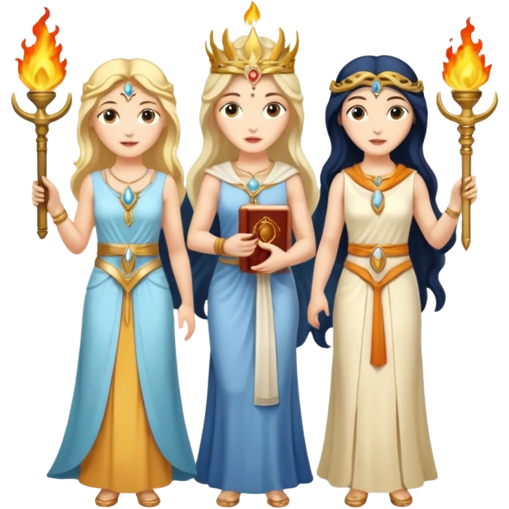 Three goddesses. one with a key, one with a torch, one with a book and a moon on it.  emoji