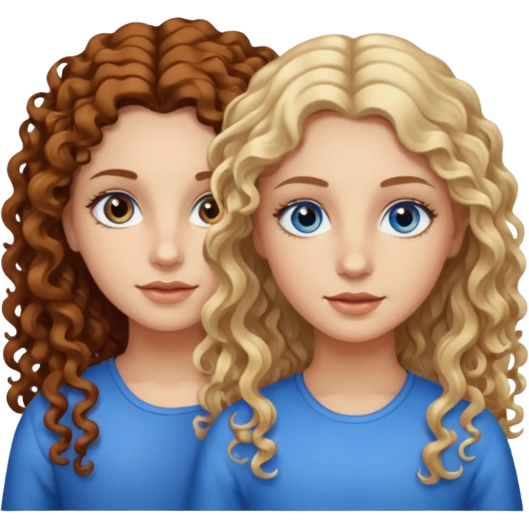 Twin sisters, one has brown eyes, long curly brown hair, the other one has blond hair and blue eyes emoji