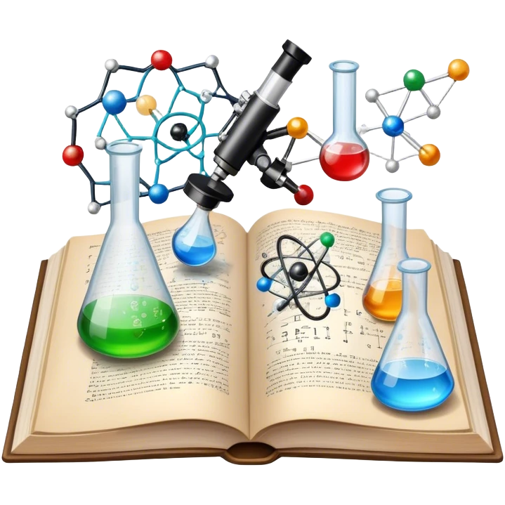 Icon for Scientific and Educational Reading: an open book with mathematical and physical formulas on the pages, with molecules and atoms flying out. On the desk are test tubes, flasks, and a microscope. Transparent background. emoji