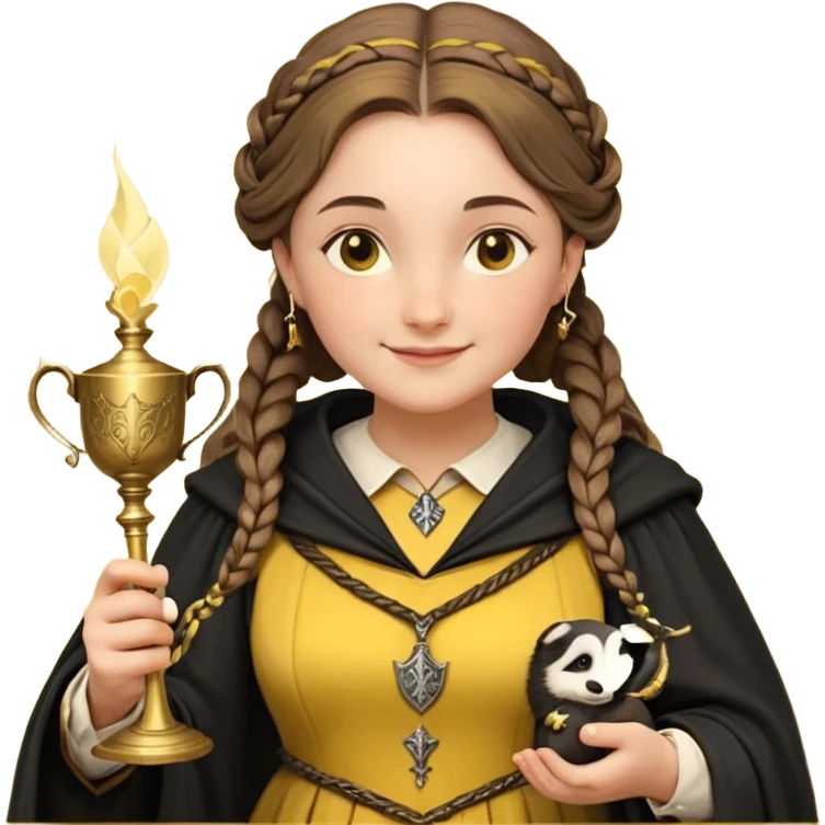 Helga Hufflepuff,the Hogwarts founder of Hufflepuff,brown-haired,2braids,yellow-black medieval dress with black cloak decorated with gold braiding,flickering magic wand and tiny two-handled shiny gold cup engraved with the badger silhouette,very kind smile,curvy busty sweet emoji