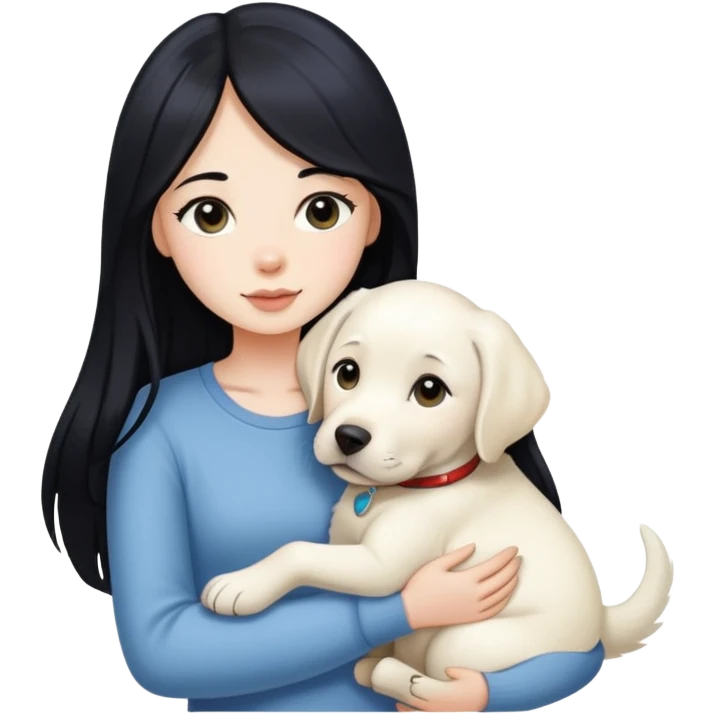 A beautiful girl with long black hair and fair skin is holding a white Labrador emoji