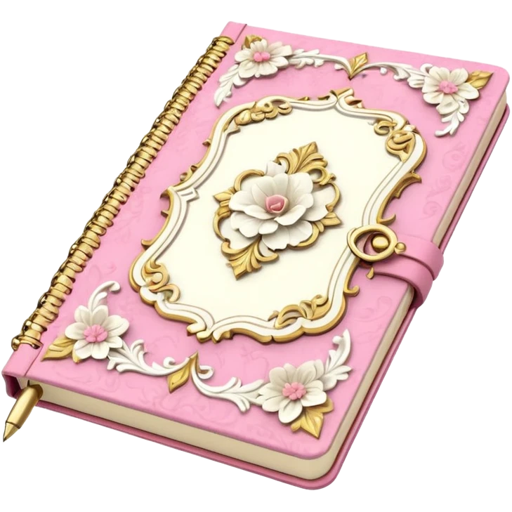 Notebook rococo style, gold and pink and white. angled view. with pen emoji