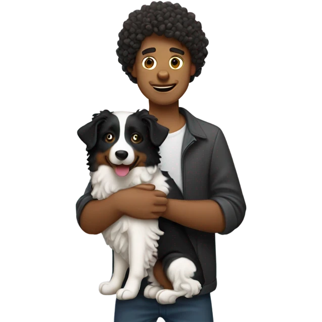 A curly-haired whiteman holding a Border Collie. emoji