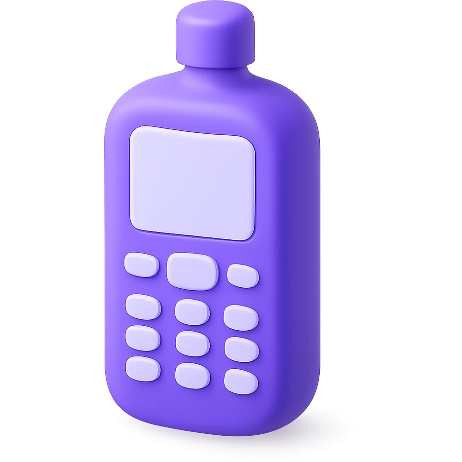 a violet bottle that looks like a real mobile phone, with screen and buttons, 3D style, no text emoji
