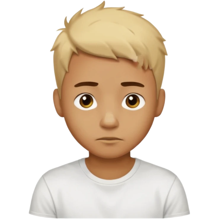 caramel skin colored Male with short buzz, messy blonde hair, large expressive golden-brown eyes, brown skin color, scar over nose, wearing a plain white t-shirt. emoji