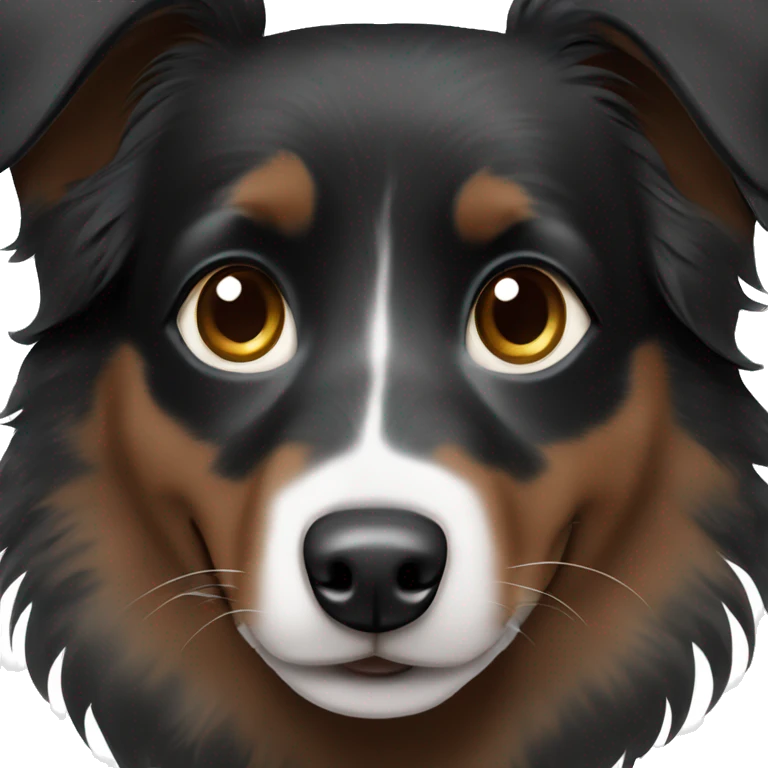 Small black australian shepherd dog with dark brown eyes and black face emoji
