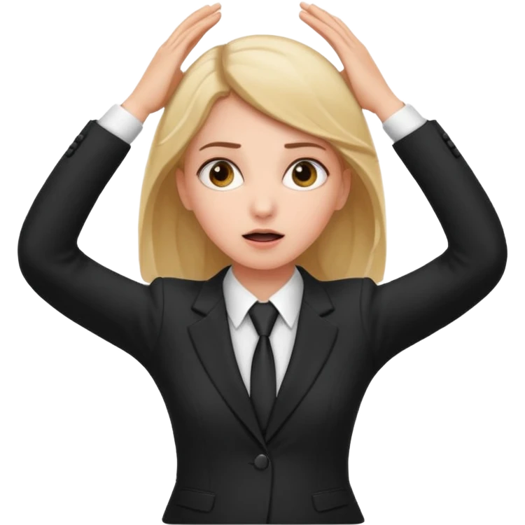white girl in formal suit surprised, hands on head emoji
