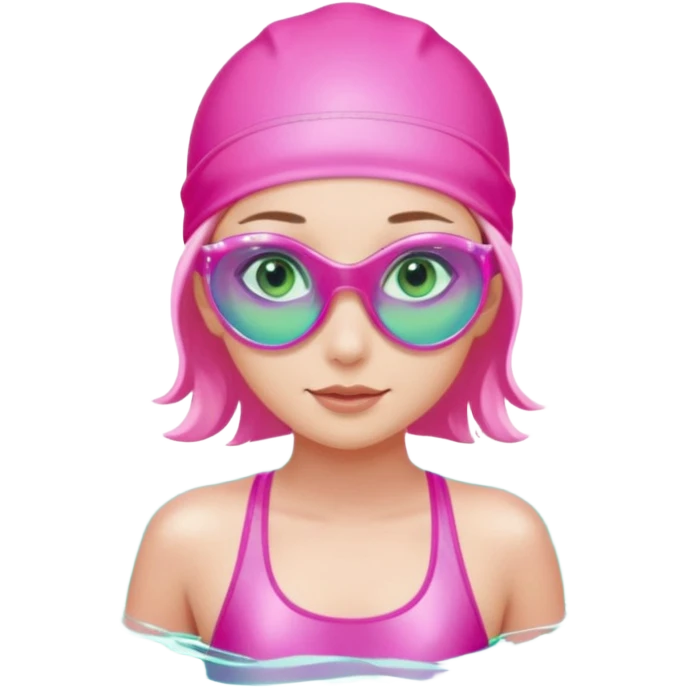 pretty girl with green eyes pink swim cap holographic swimming glasses and cute profesional swimmer pink swimsuit without her hair visible swimming emoji
