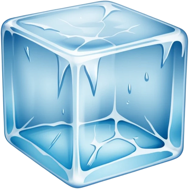 A single transparent ice cube on a clean white background, with realistic reflections and refractions. The ice cube has visible cracks and textures inside, slightly melting on the surface. Studio lighting, high detail, macro photography style. emoji