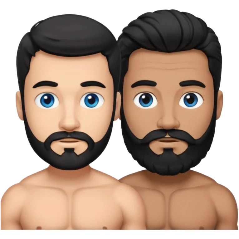 Gay Couple. both male.  one with curled black hair and a black beard blue eyes muscular very tanned and the other black hair short, a shorter beard black and grey and tony, pale skinned emoji