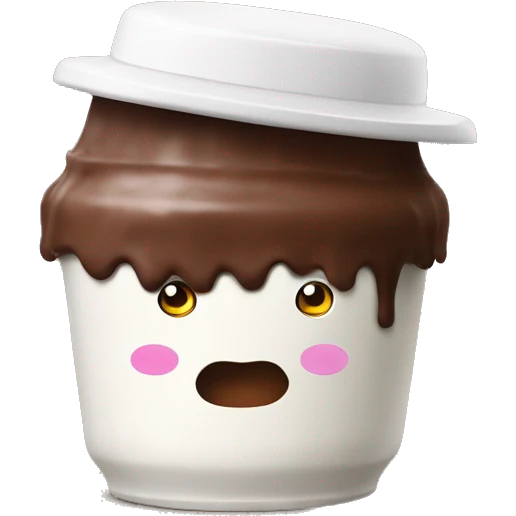A chocolate yoghurt pot like danette with legs and arms that are white, and a funny hat emoji