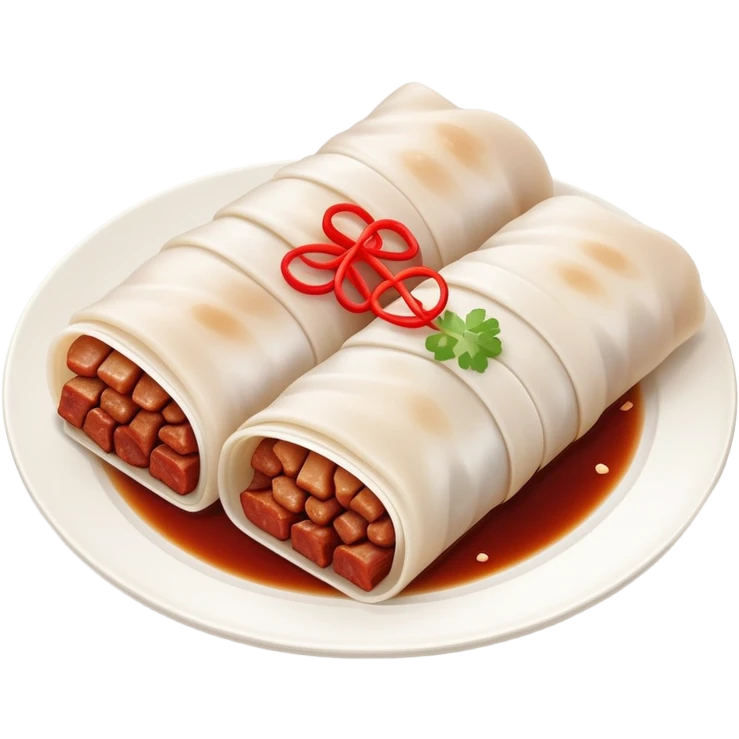 BBQ pork rice noodle roll Char Siu Cheung Fun with reddish meat filling, simplified emoji style with bold outlines and bright colors, cartoon style Guangdong breakfast favorite emoji