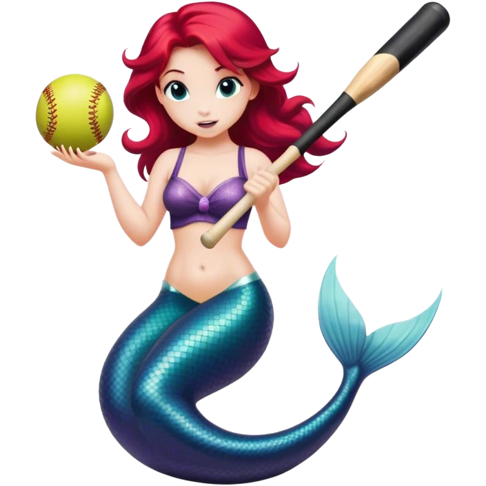 Ariel the mermaid holding a black softball bat in a batting stance emoji