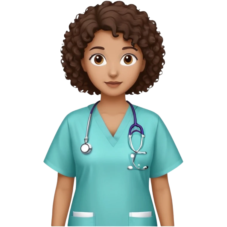 mulher com cabelo cacheado castanho escuro, pele marrom médio, olhos castanhos escuros, usando jaleco hospitalar, sem estetoscópio emoji